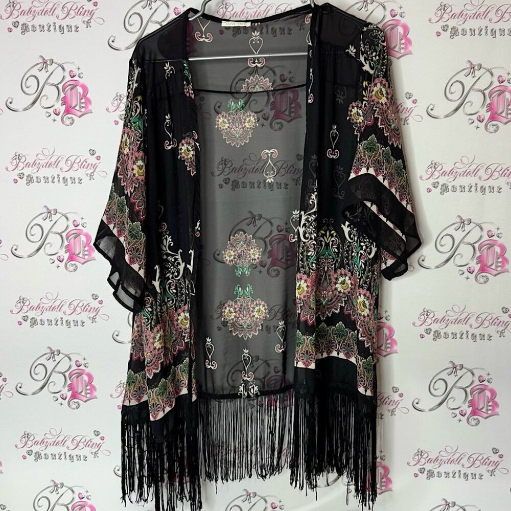 Olive tree cardigan paisley boho tassle hem flowers Black Floral Fringe Kimono